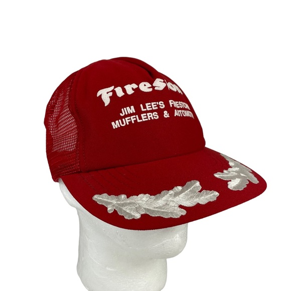 Vintage Firestone USA Made SnapBack Trucker Hat Embroidered Bill Red White Crisp - Picture 8 of 16